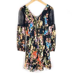 Betsey Johnson Blouson Dress Black Floral Long Sleeve Lace Knee Length 2